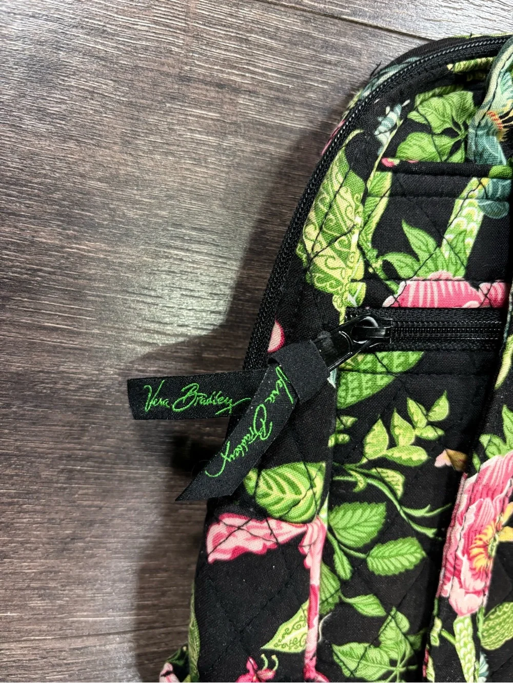 Vera Bradley Black Floral Quilted Backpack with Pink and Green Accents